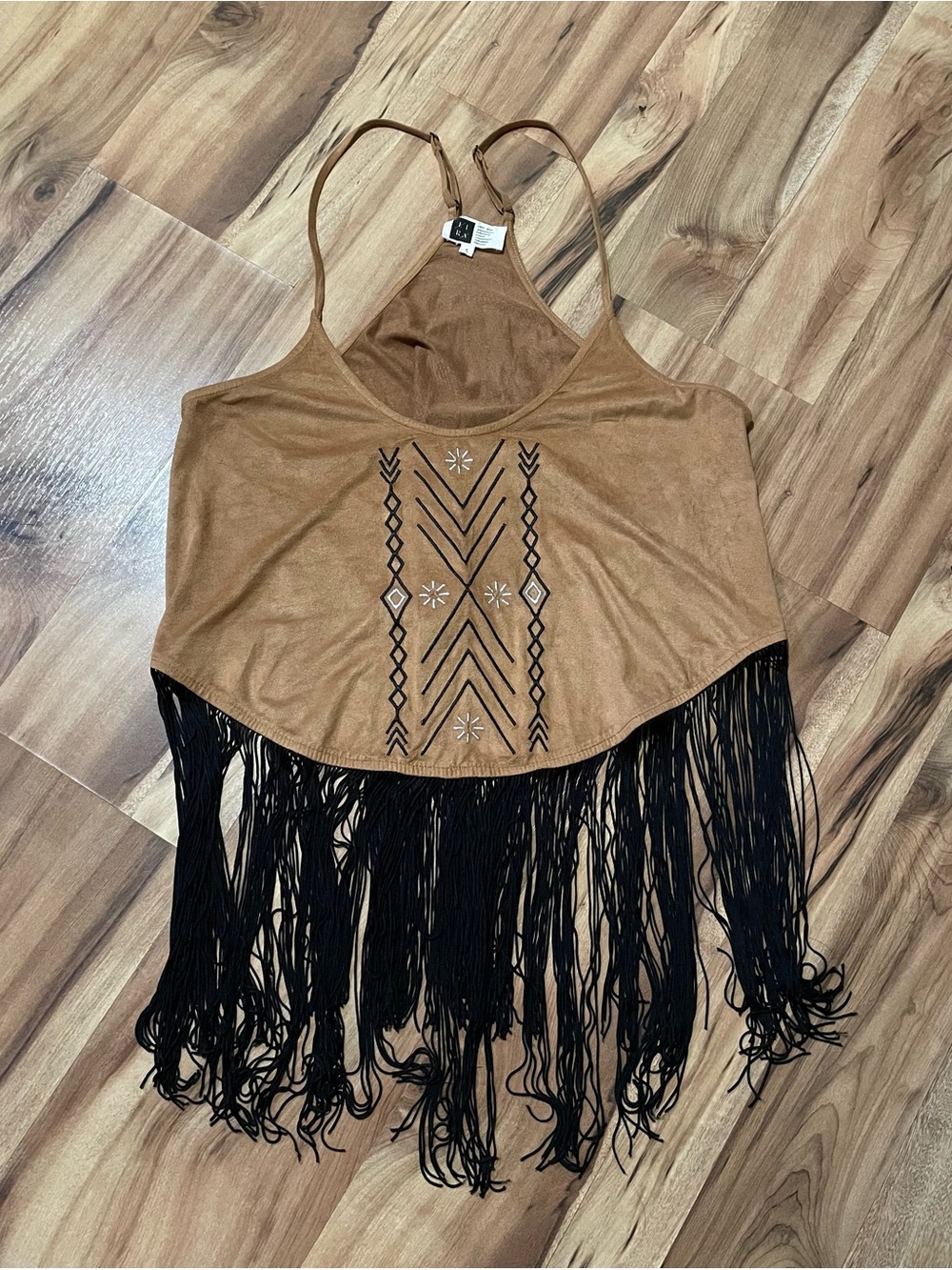 Lira Boho Western Festival Top - Camel Faux Suede with Black Fringe & Embroidery